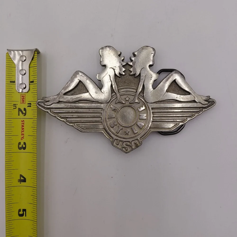 Vintage 2004 Fast Lane USA Fine Pewter Belt Buckle Mudflap Girl Wings Biker Y2K